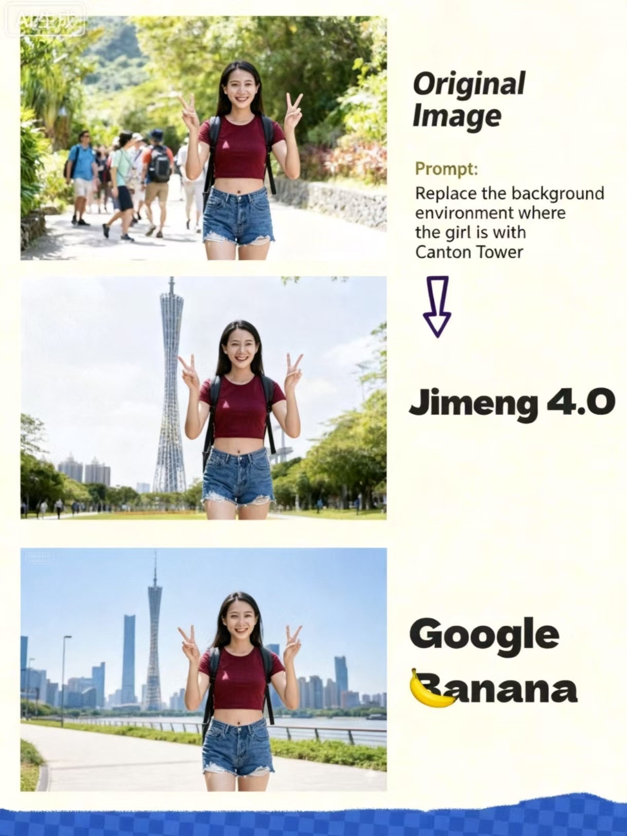 Seedream 4.0 vs Nanobanana - Canton Tower Background Swap + Hair Recolor before